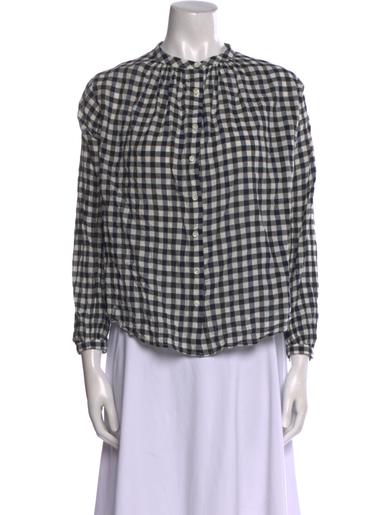 Alex Mill Plaid Print Mock Neck Button-Up Top