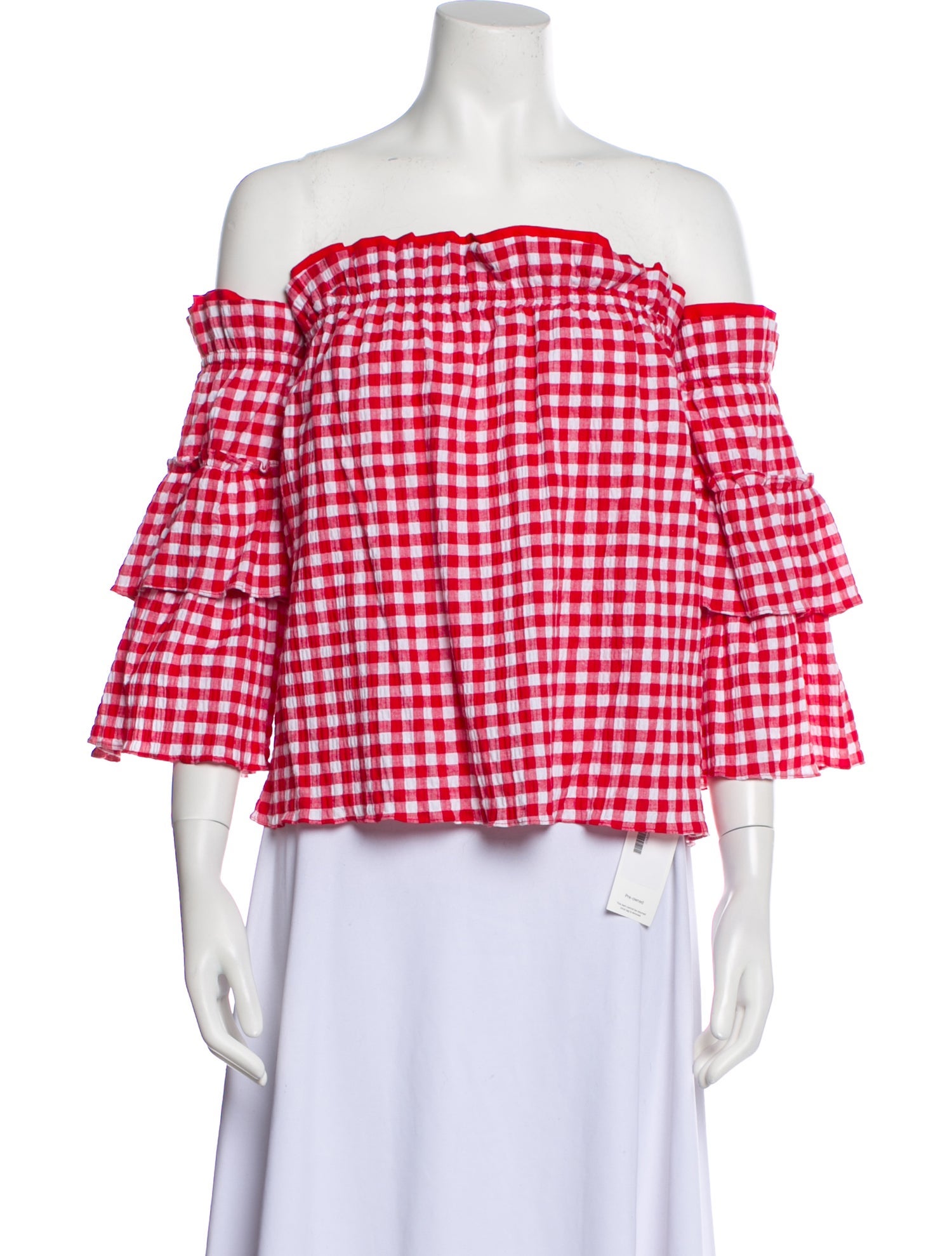 MISA Los Angeles Kaia off shoulder crop top shirt ruffled tiered blue