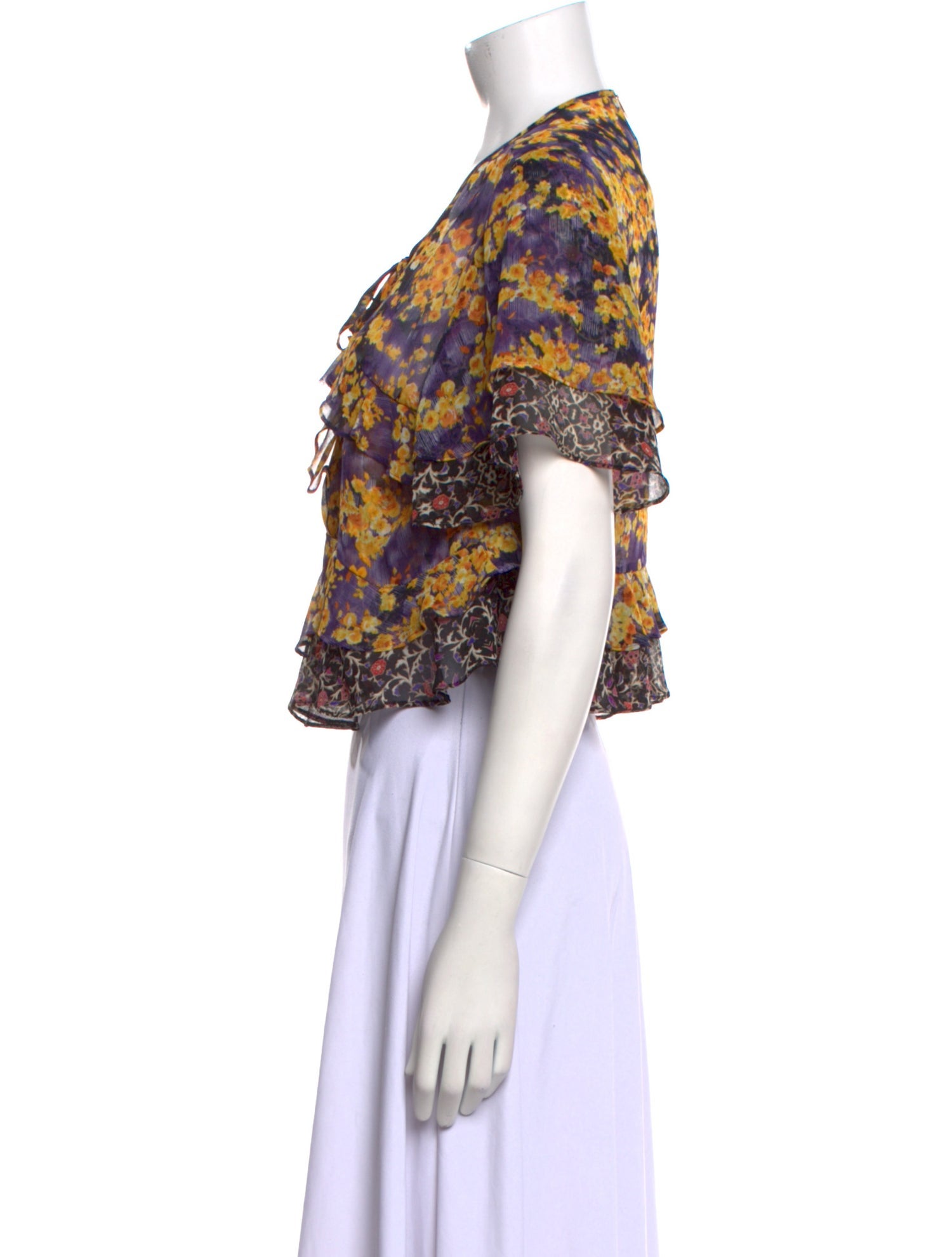 MISA Los Angeles Floral Print Tie Neck Crop Top