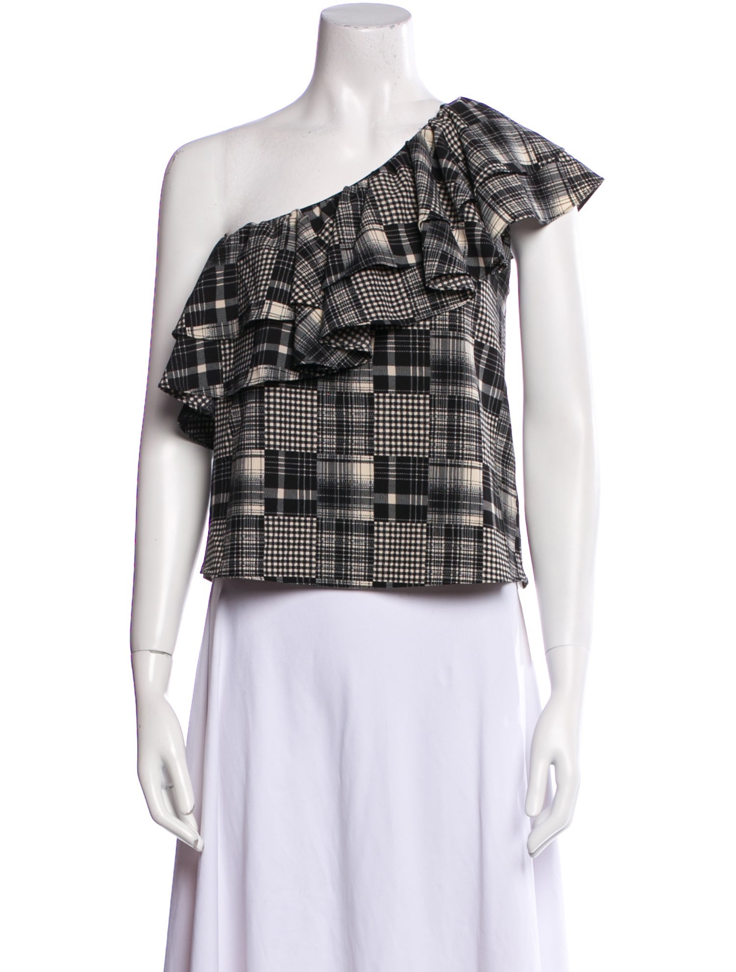 MISA Los Angeles Plaid Print One-Shoulder Crop Top