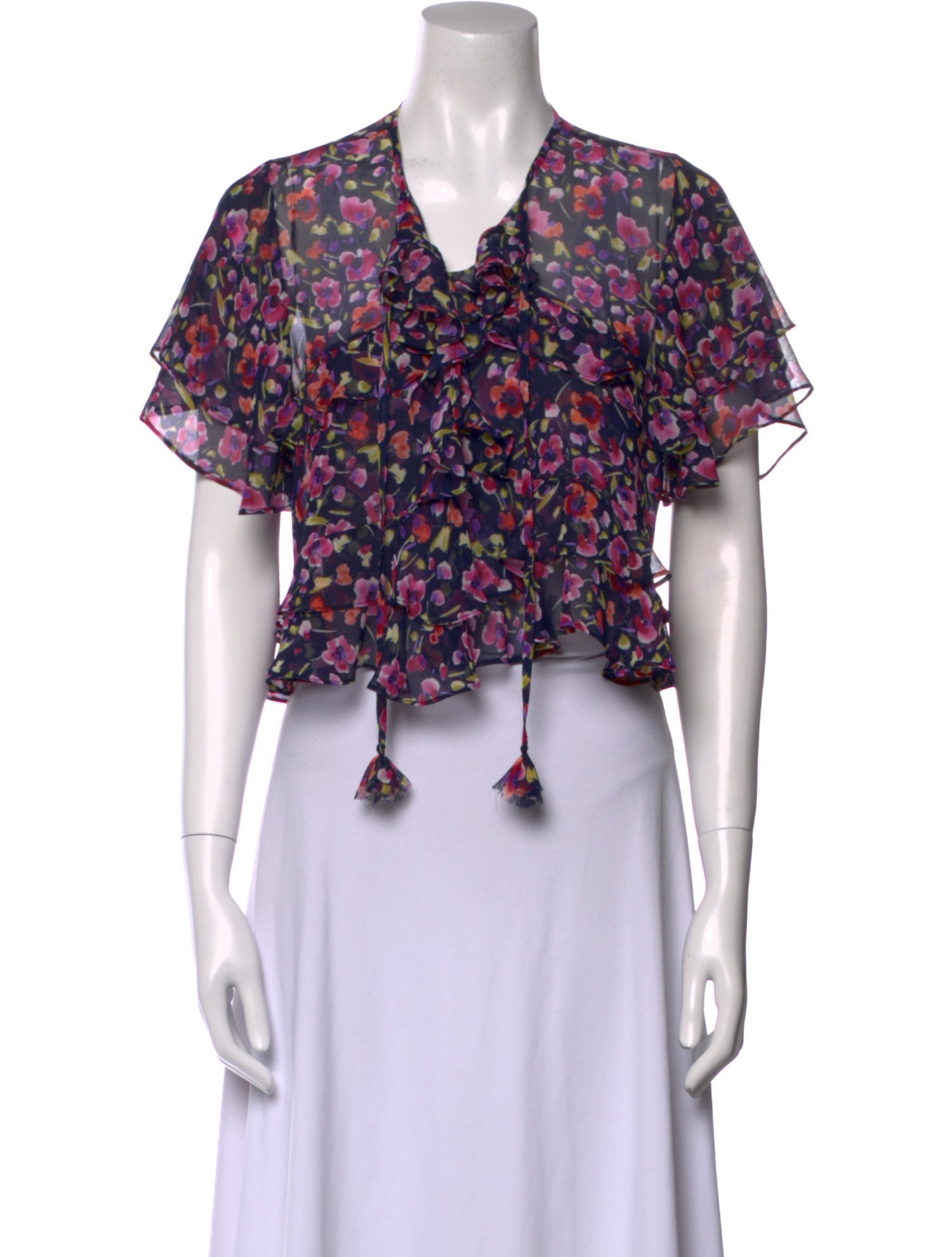 MISA Los Angeles Floral Print Tie Neck Crop Top