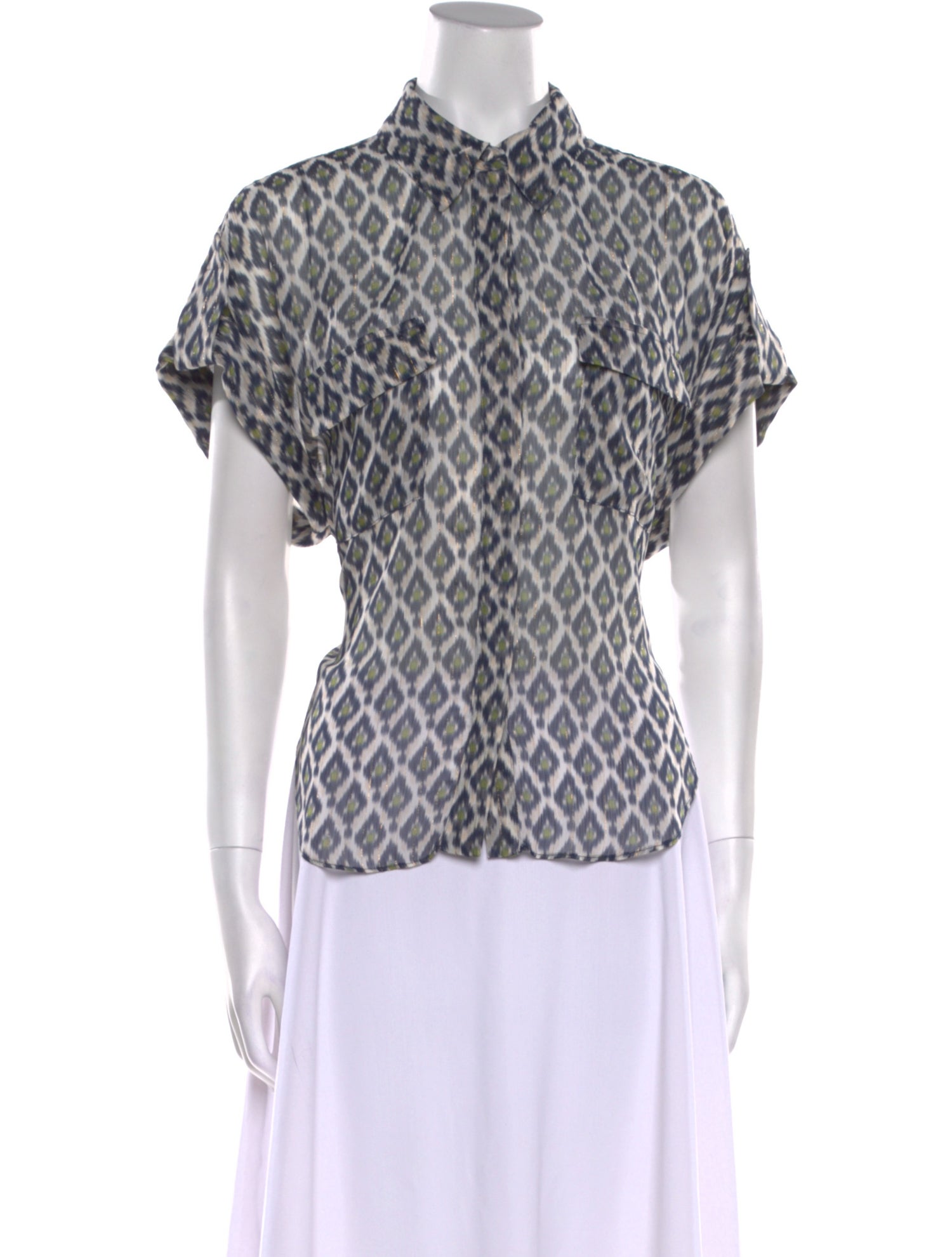 MISA Los Angeles Printed Mock Neck Button-Up Top