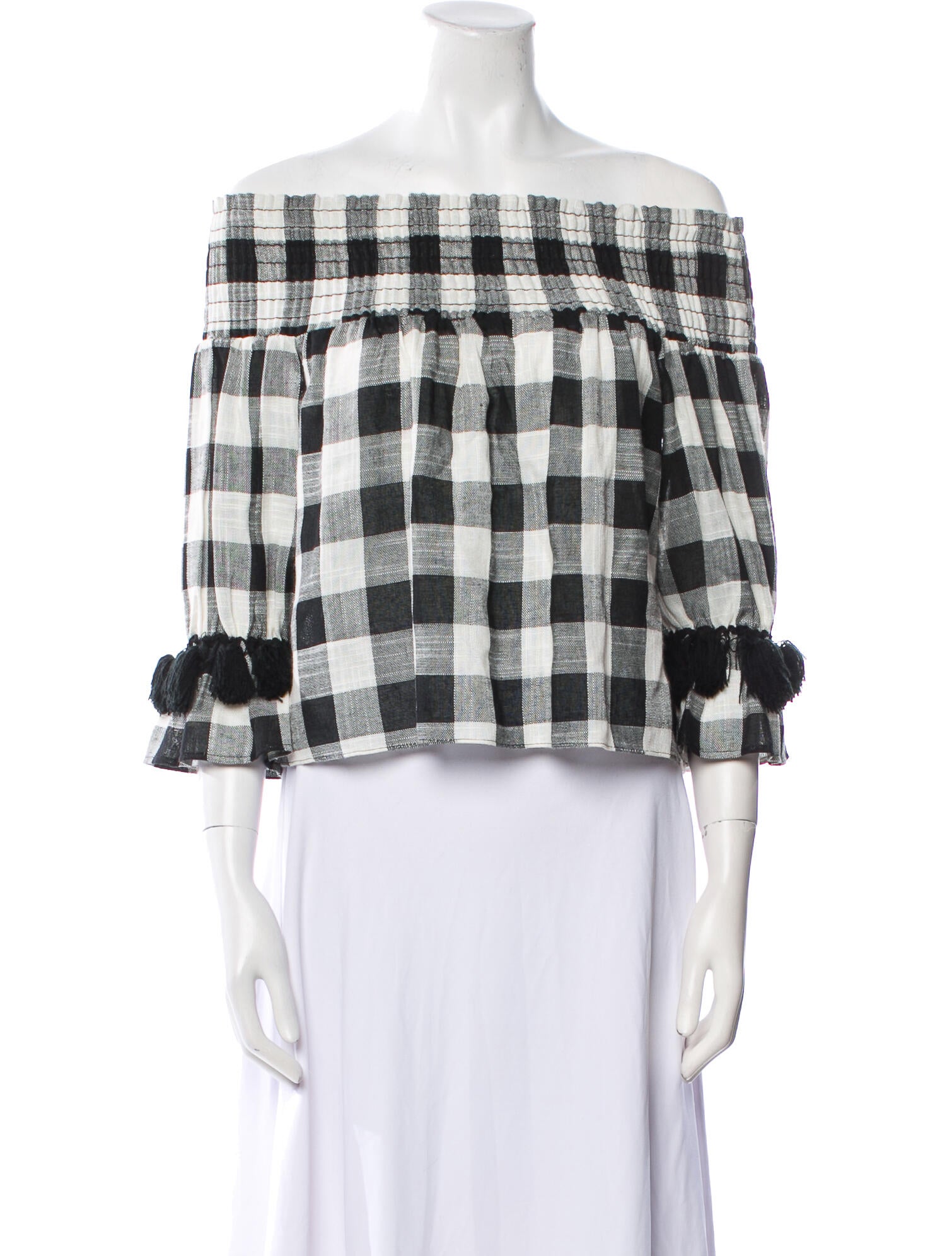 MISA Los Angeles Plaid Print Off-The-Shoulder Crop Top