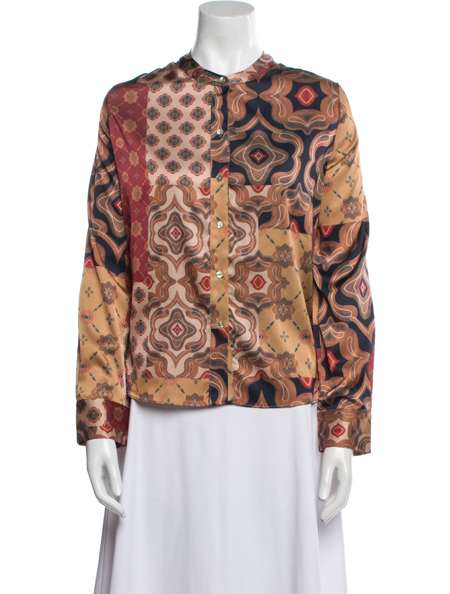 MISA Los Angeles Printed Mock Neck Button-Up Top