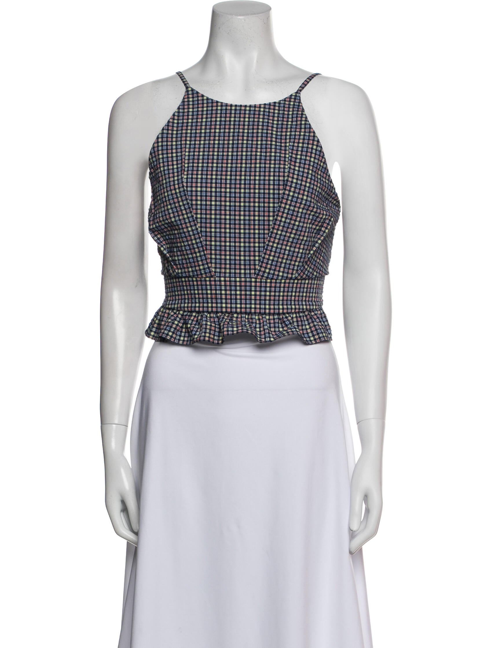 MISA Los Angeles Plaid Print Square Neckline Crop Top