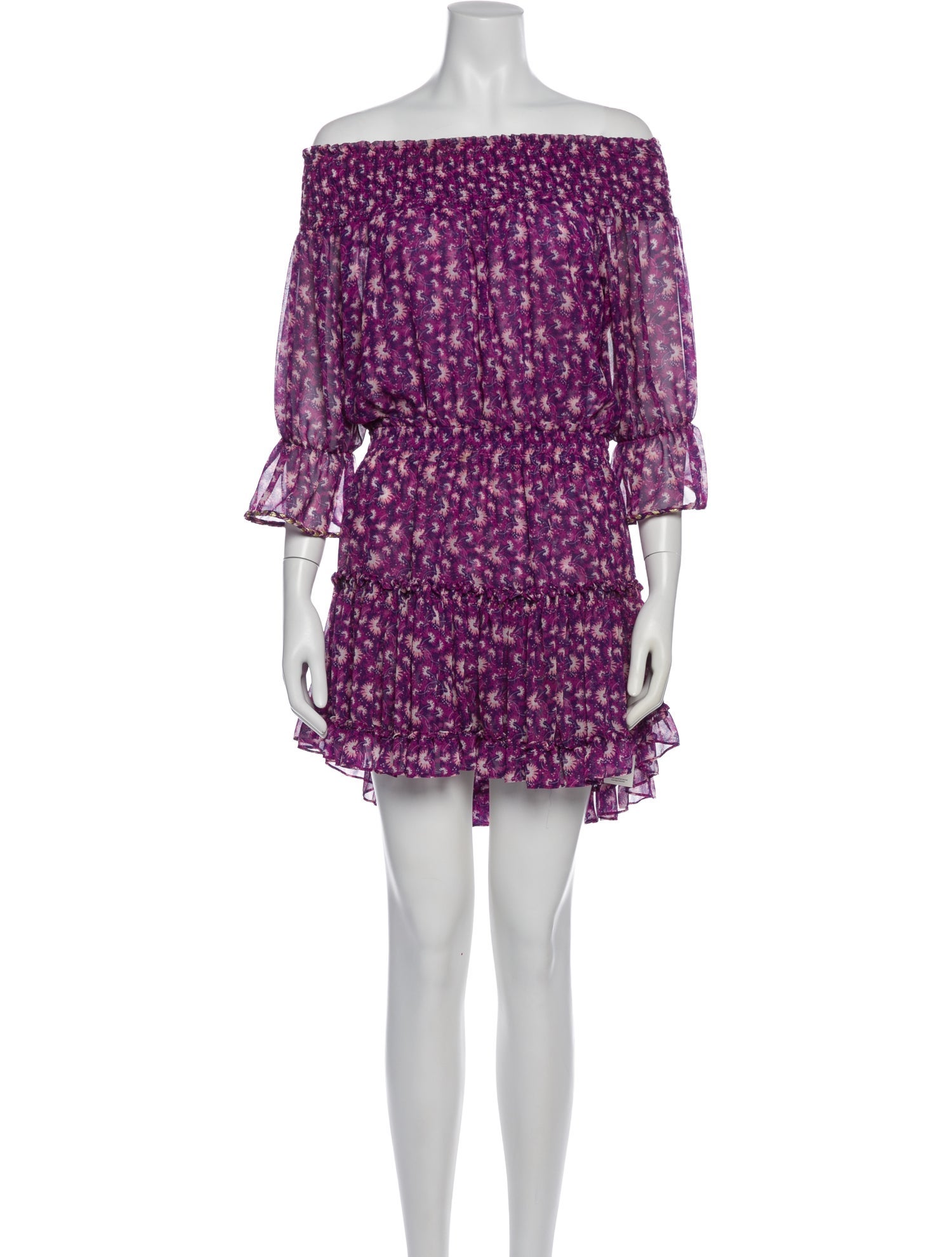 misa los angeles purple dress MISA LOS ANGELES Purple Floral Ruffled Off the Shoulder Maxi Dress US MEDIUM