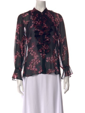 Pre-owned Misa Floral Print Long Sleeve Blouse In Black