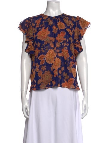 Pre-owned Misa Floral Print Crew Neck Blouse In Blue