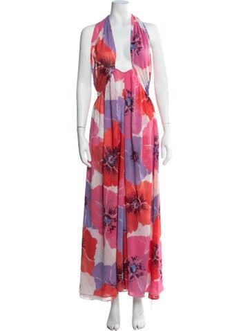 Pre-owned Misa Floral Print Long Dress In Metallic/pink
