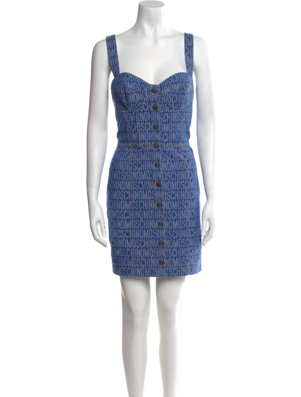 Moschino Couture Sheath Dress Blue Printed Sleeveless with Square Neckline