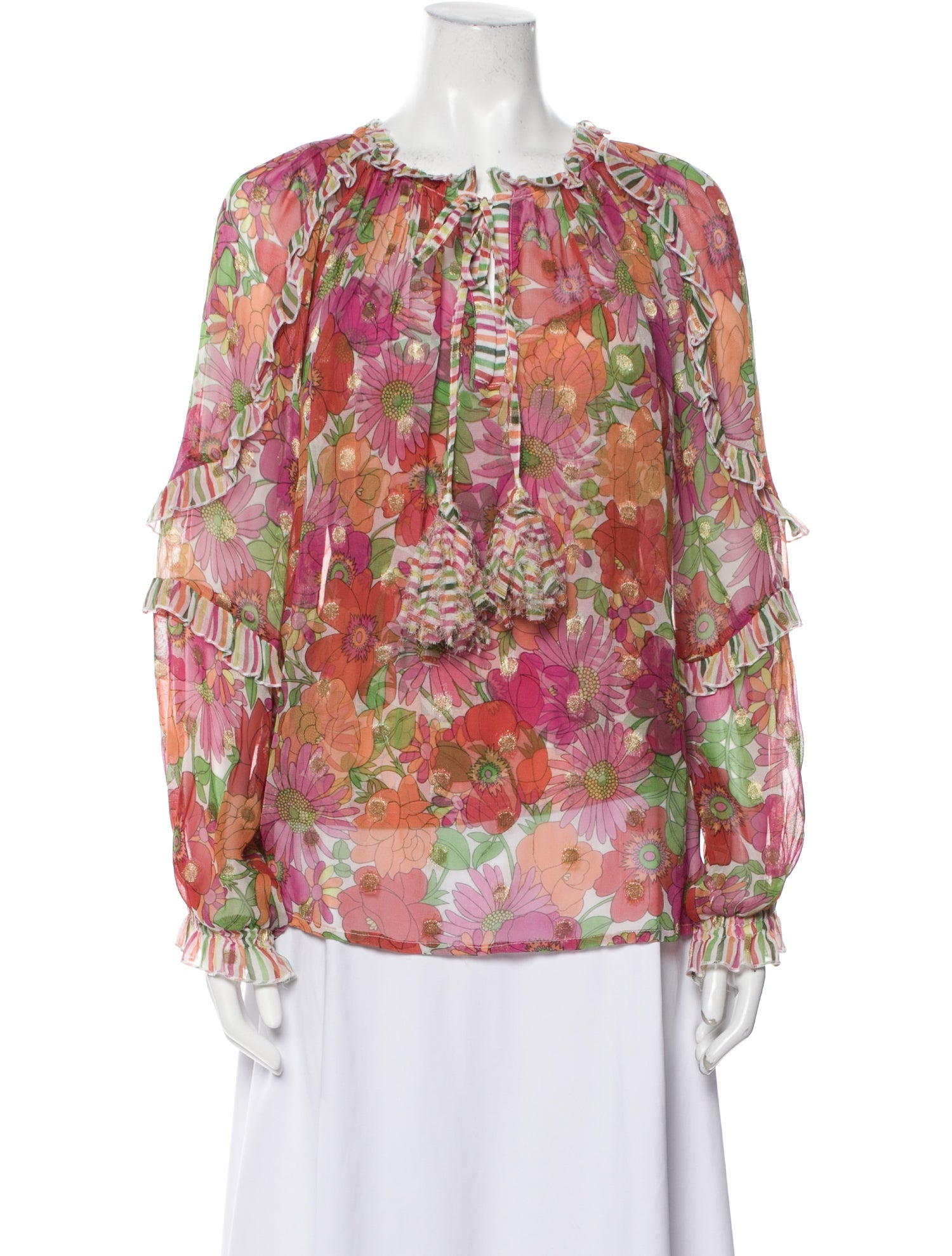 Miss June Floral Print Tie Neck Blouse