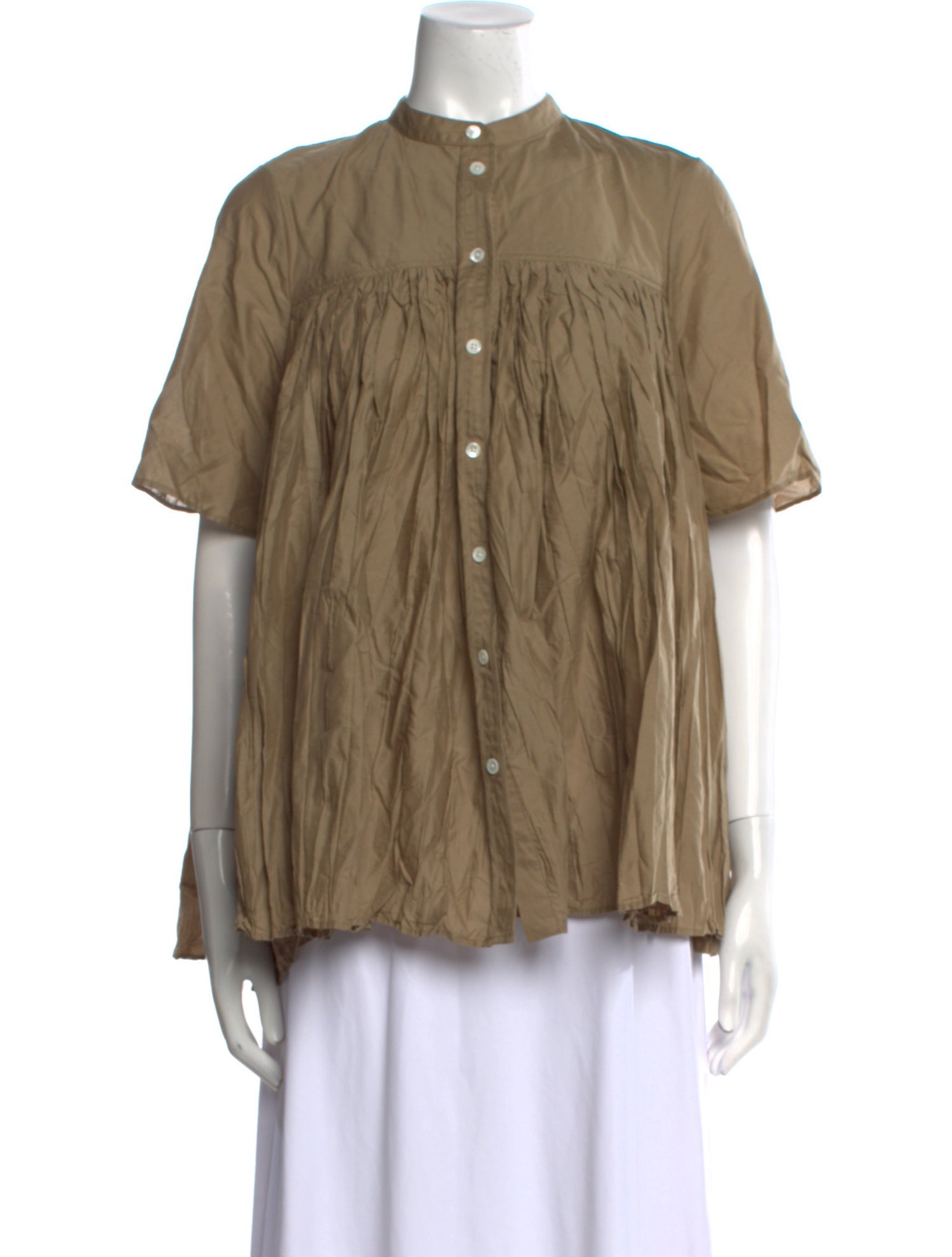 Mark Kenly Domino Tan Mock Neck Short Sleeve Button-Up Top w/ Tags
