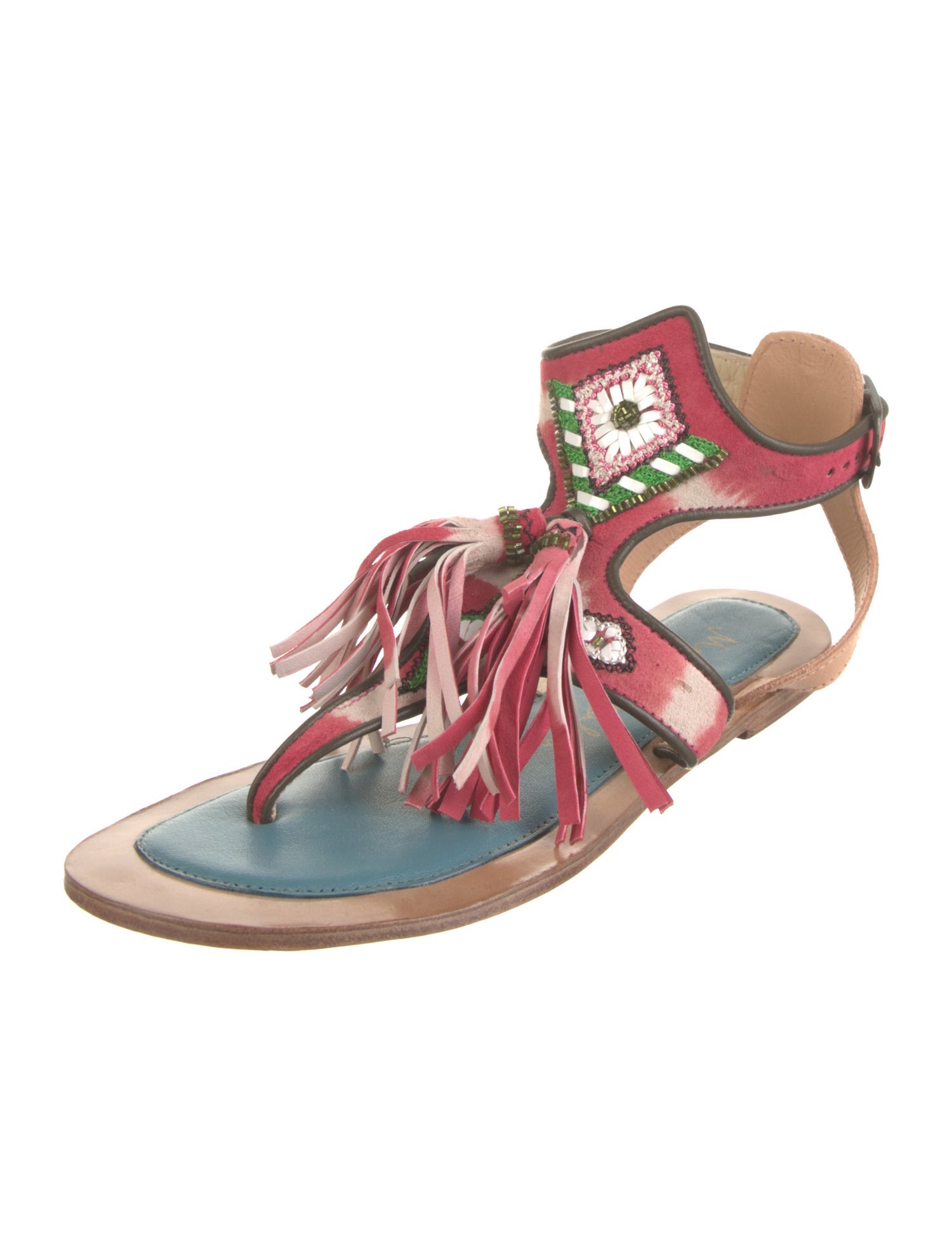 Meher Kakalia Leather Fringe Trim Accent Gladiator Sandals