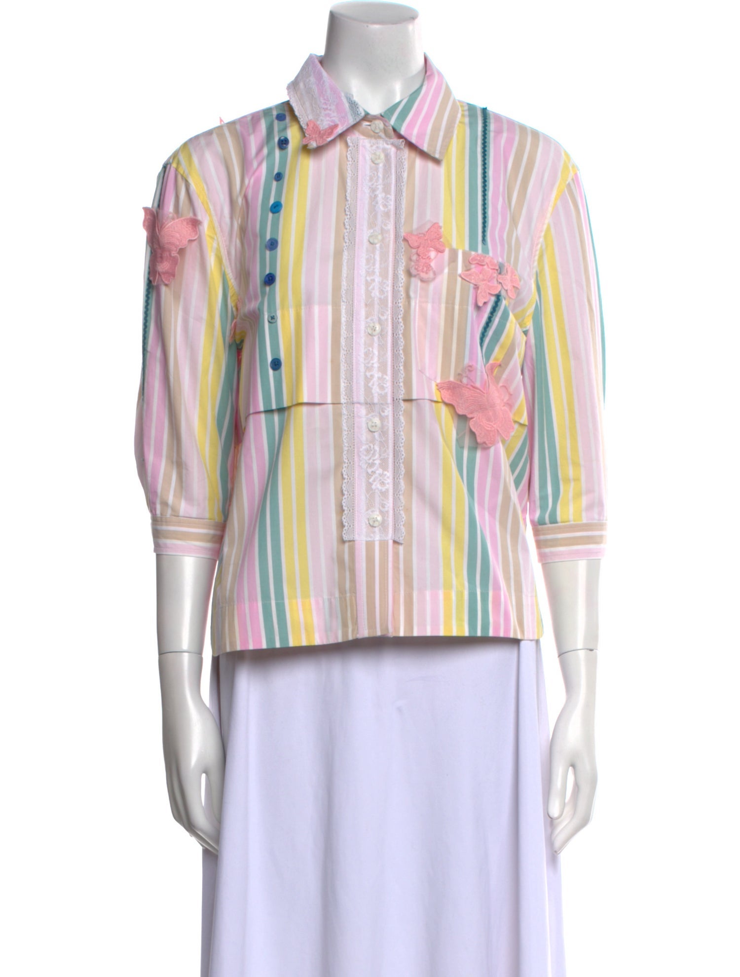 Mahlia Collection Striped Three-Quarter Sleeve Button-Up Top