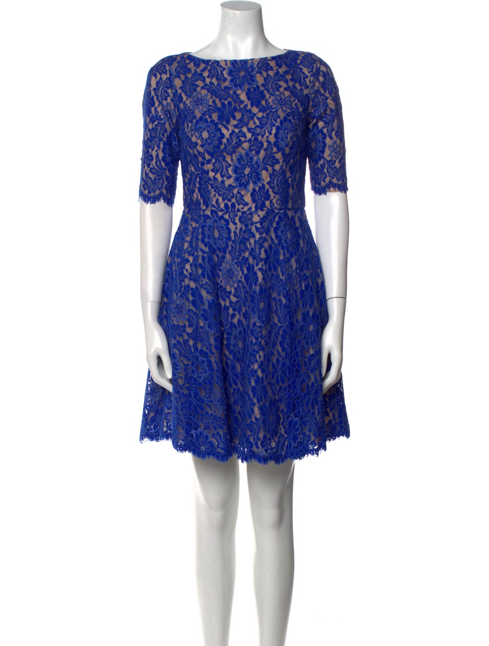 ML Monique Lhuillier A-Line Dress Blue Lace Pattern Lace & Pleated Accents Short Sleeve with Bateau Neckline Concealed