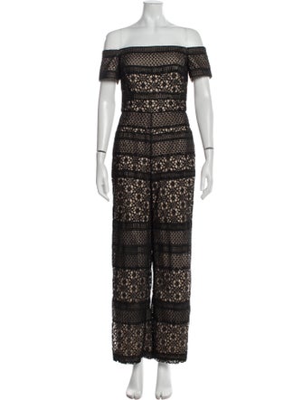 ML Monique Lhuillier Lace Pattern Off-The-Shoulder Jumpsuit