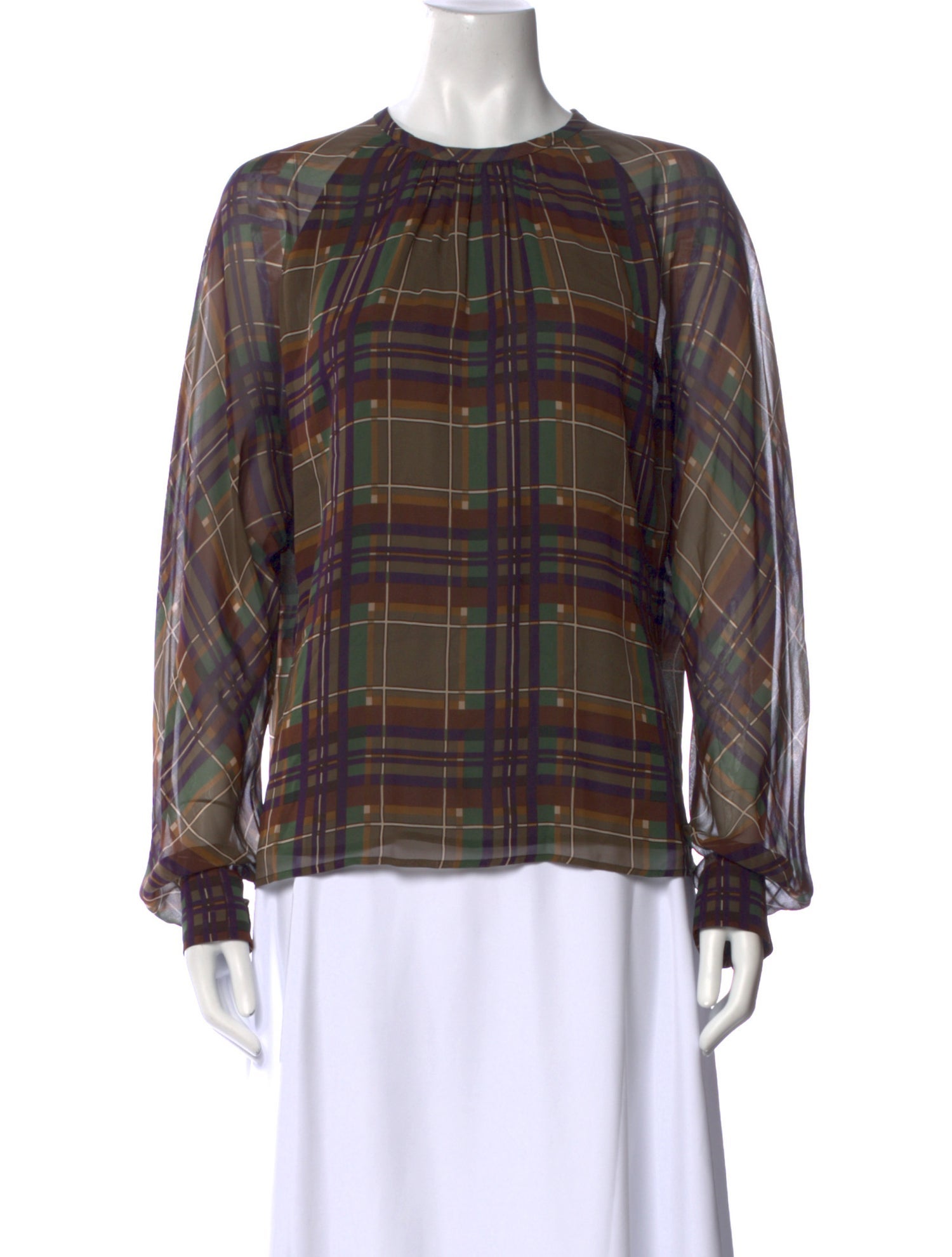 Max Mara Studio Silk Plaid Print Blouse