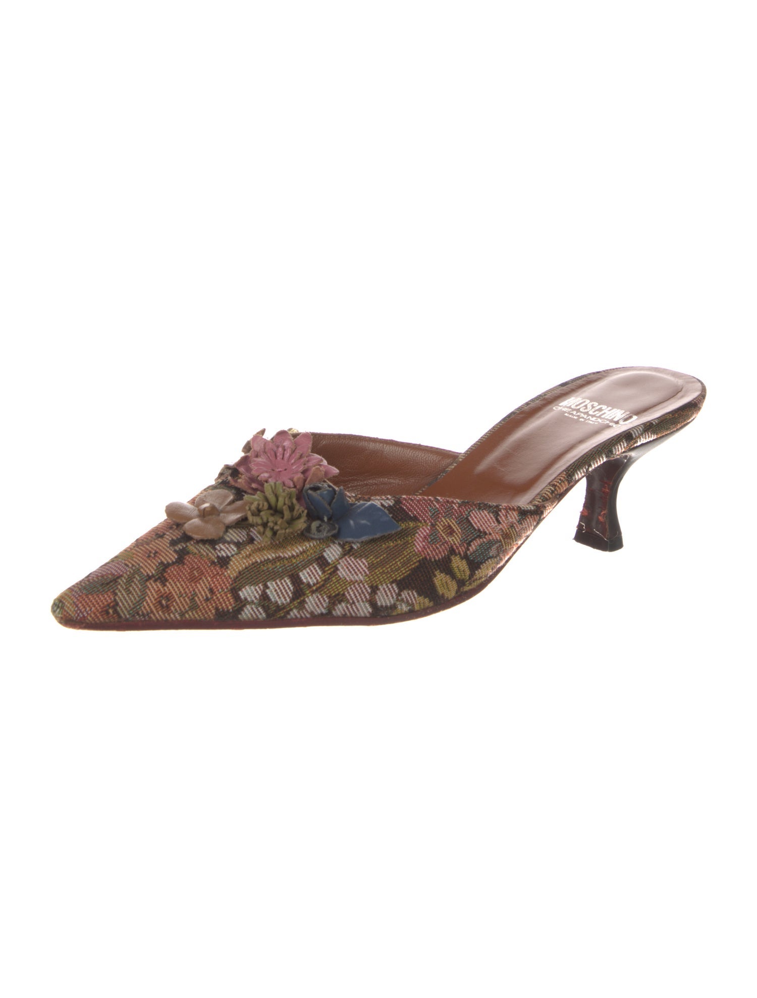 Moschino Cheap and Chic Floral Print Leather Trim Embellishment Mules