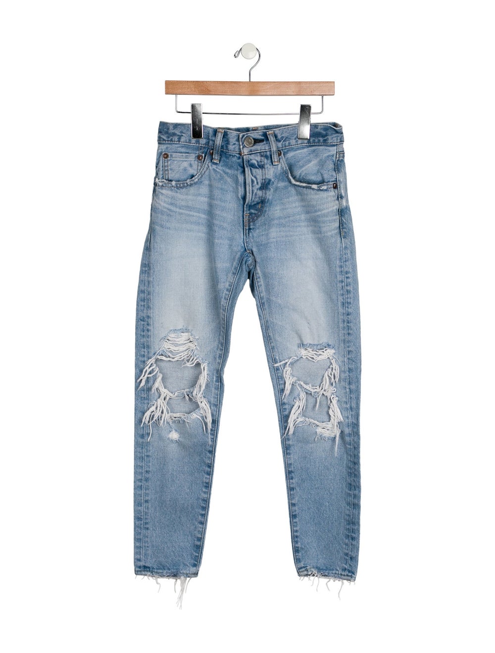 Moussy Skinny Leg Jeans Blue Printed Light Wash with Mid-Rise Cropped & 5 Pockets Distressed Accents
