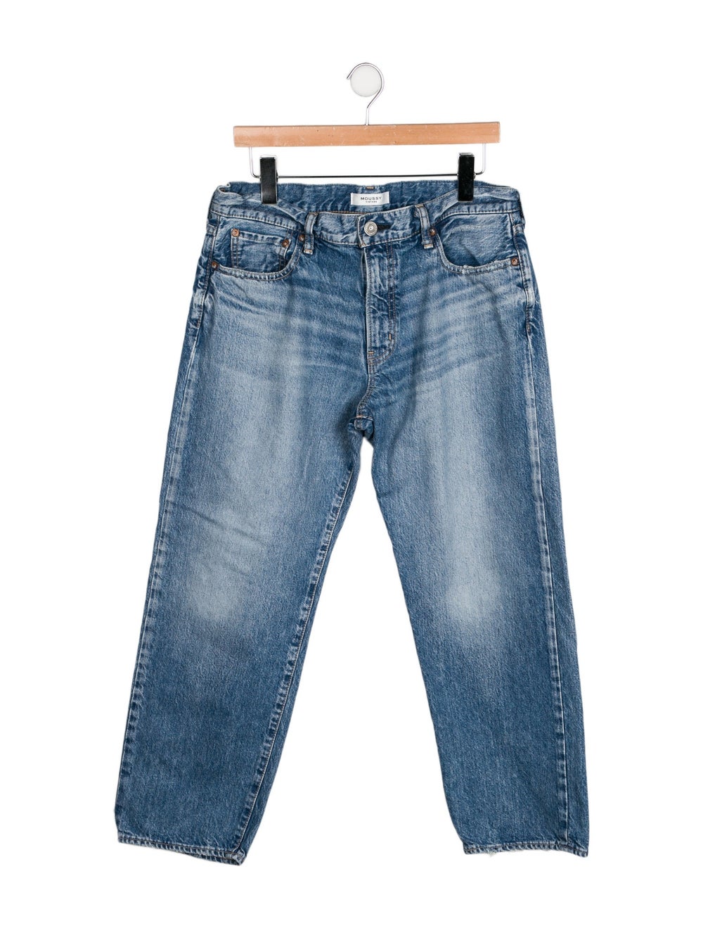 Moussy Straight Leg Jeans Blue Printed Light Wash with High-Rise 5 Pockets Raw-Edge & Distressed Accents