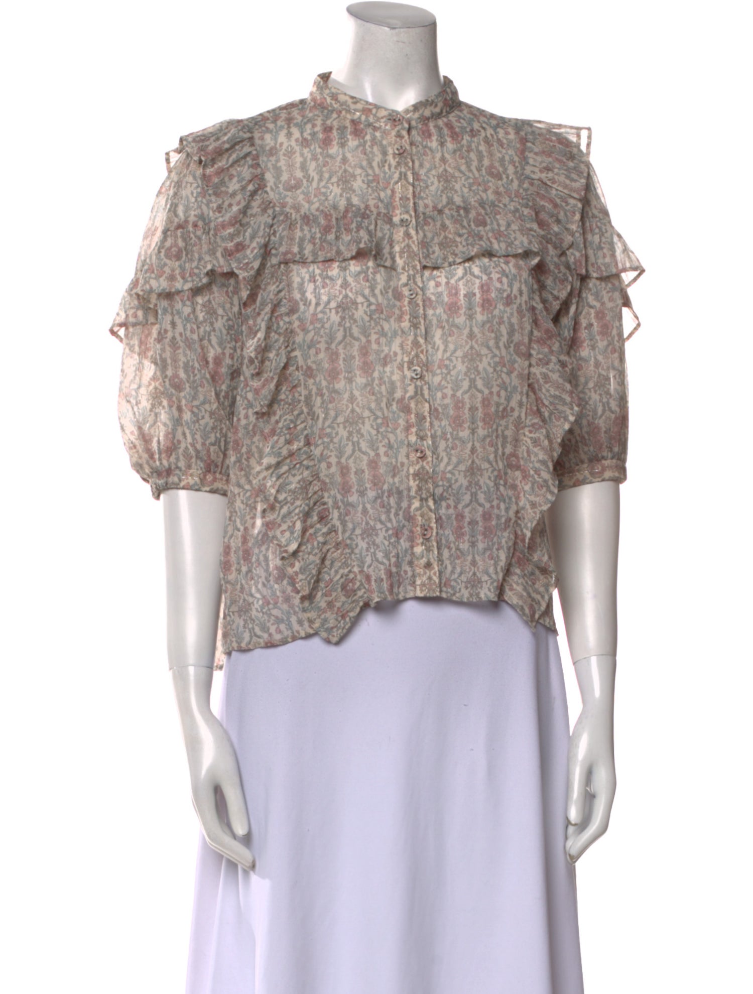 Moussy Printed Mock Neck Button-Up Top