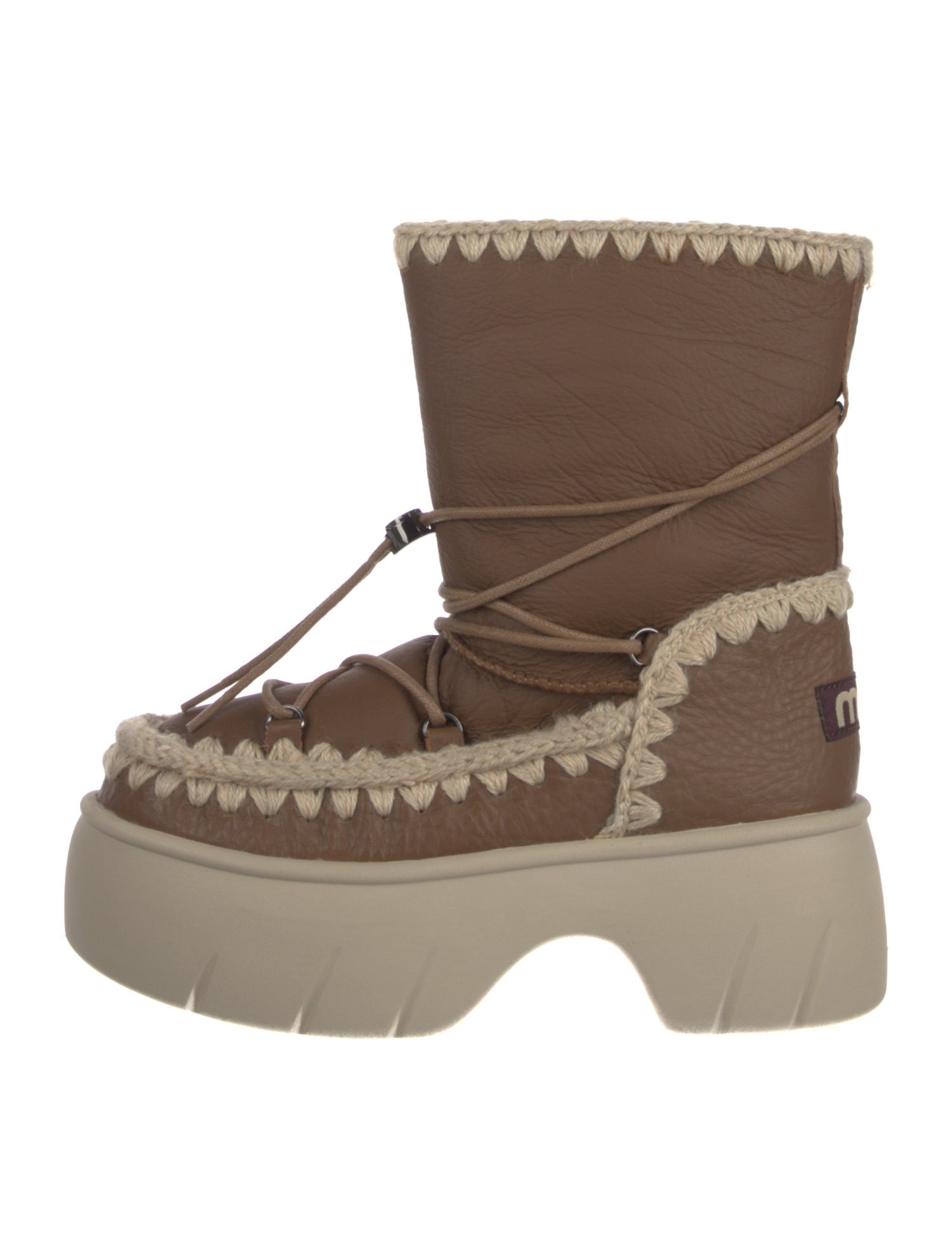 Mou Leather Crochet Trim Lace-Up Boots