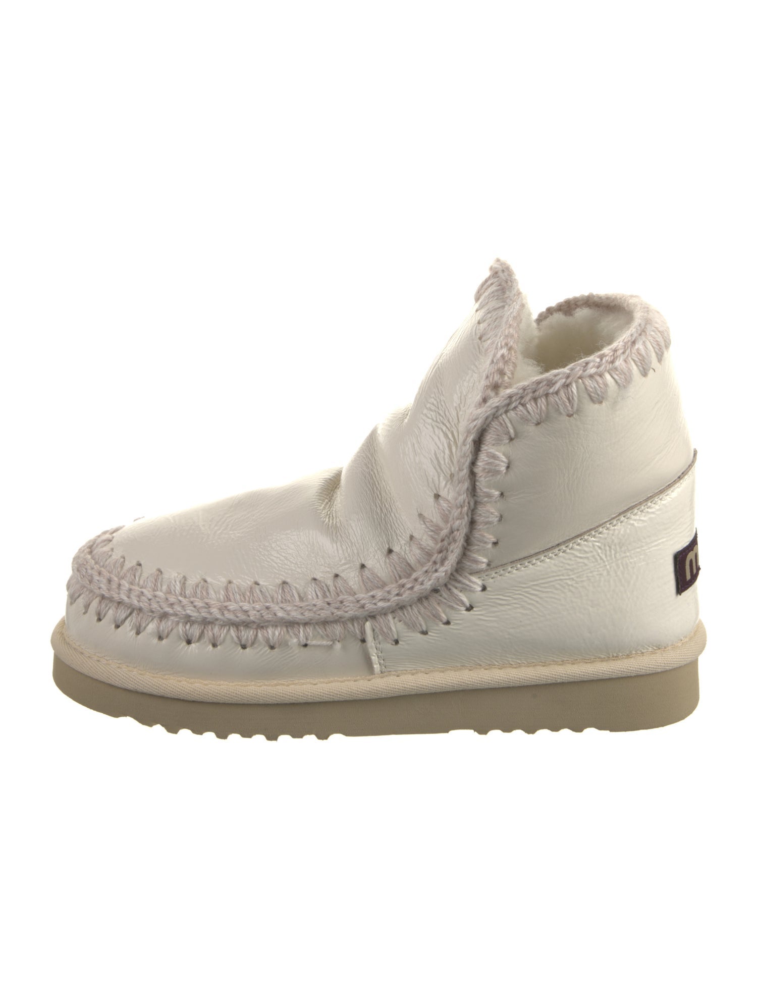 Mou Patent Leather Crochet Trim Lace-Up Boots