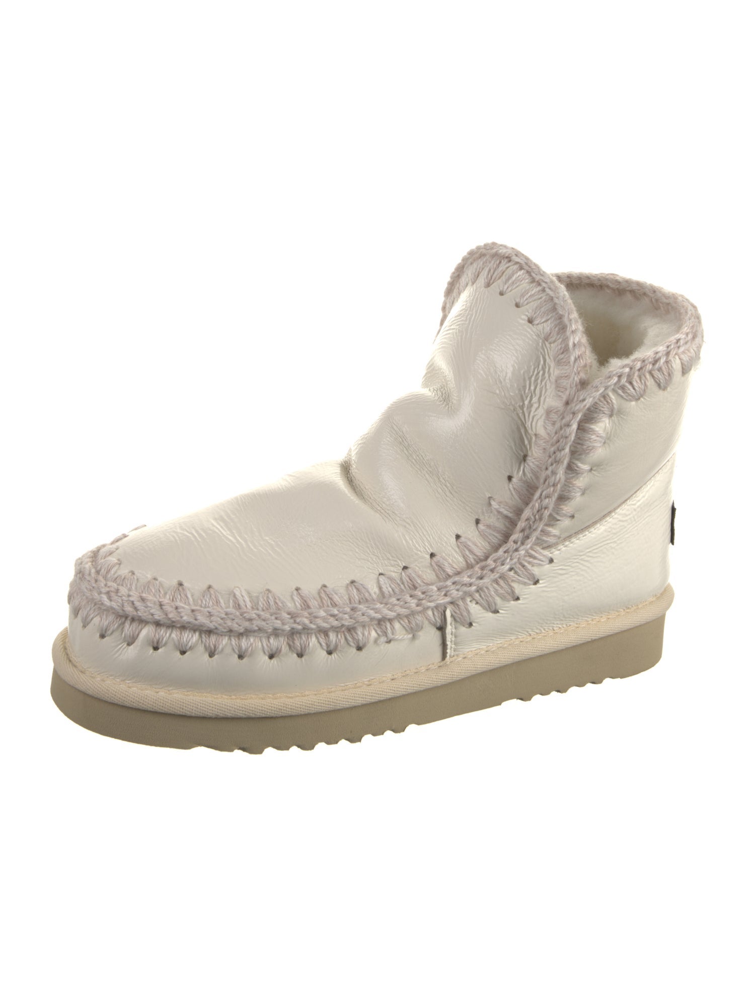 Mou Patent Leather Crochet Trim Lace-Up Boots