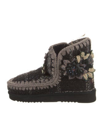 Mou Tweed Floral Print Lace-Up Boots