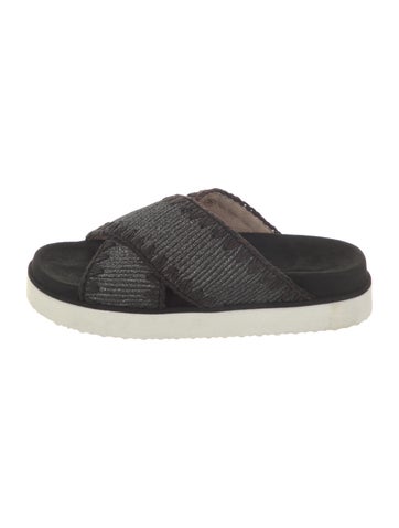 Pre-owned Mou Suede Glitter Accents Slides W/ Tags In Black
