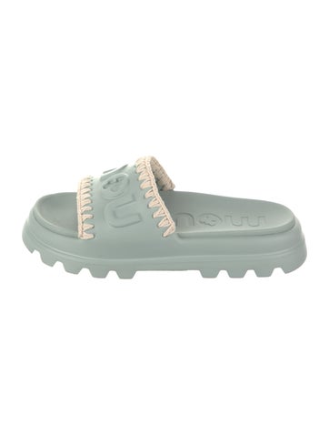 Pre-owned Mou Leather Printed Slides W/ Tags In Green