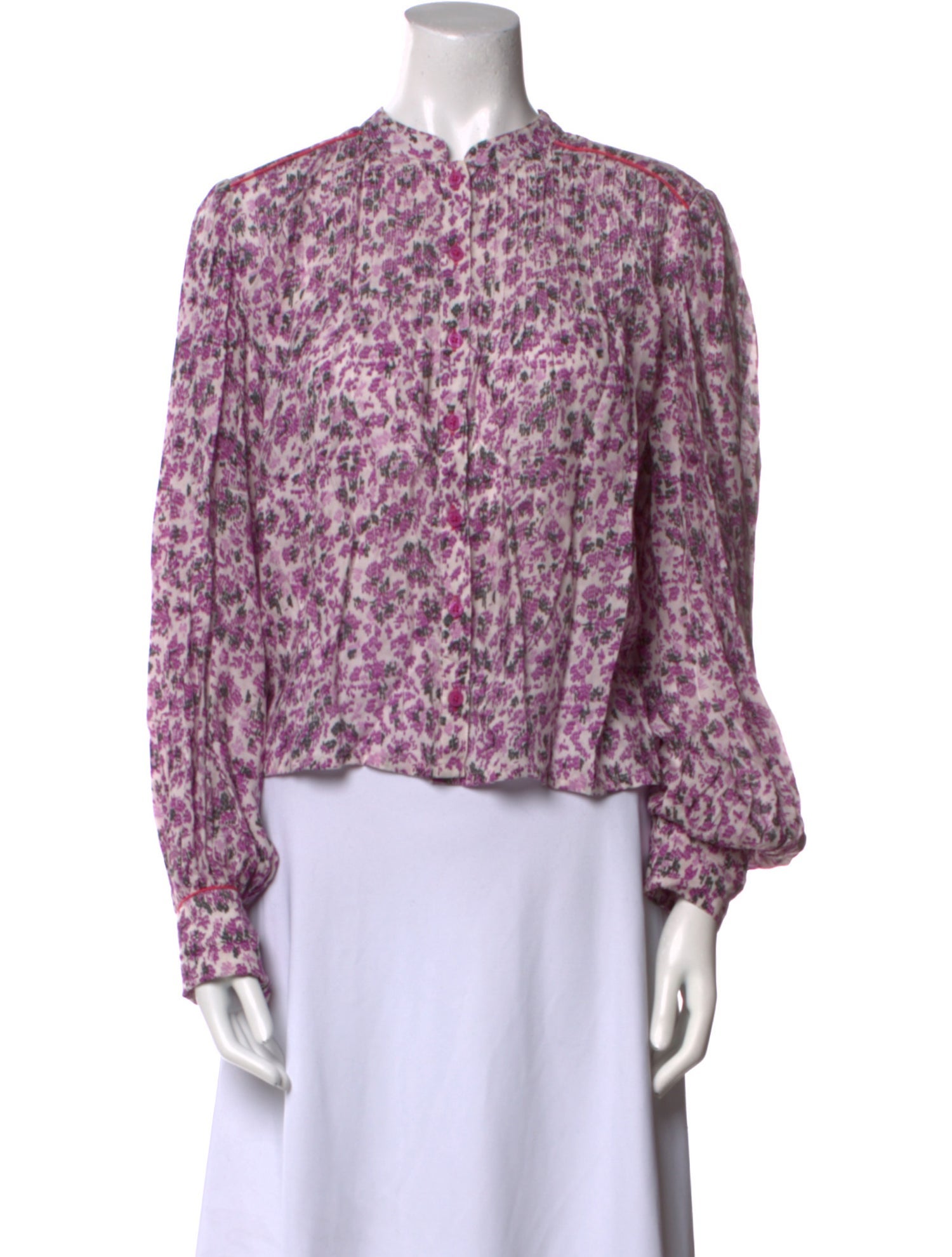 Mariacher Floral Print Mock Neck Button-Up Top