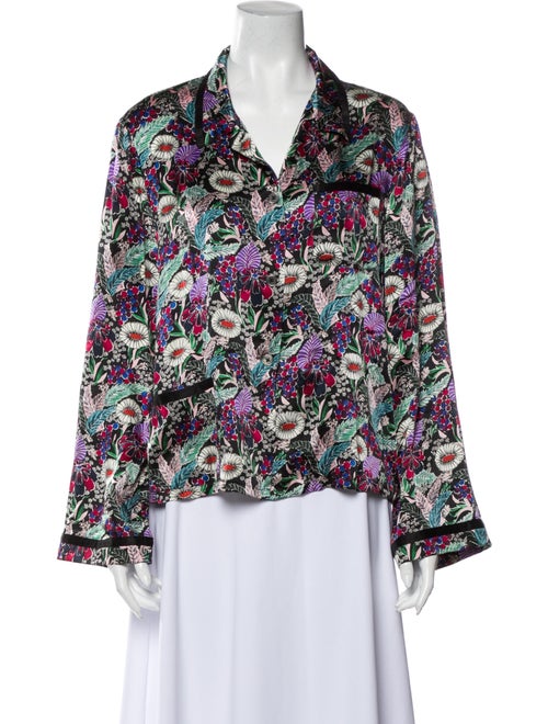 Morgan Lane Silk Floral Print Button-Up Top Black