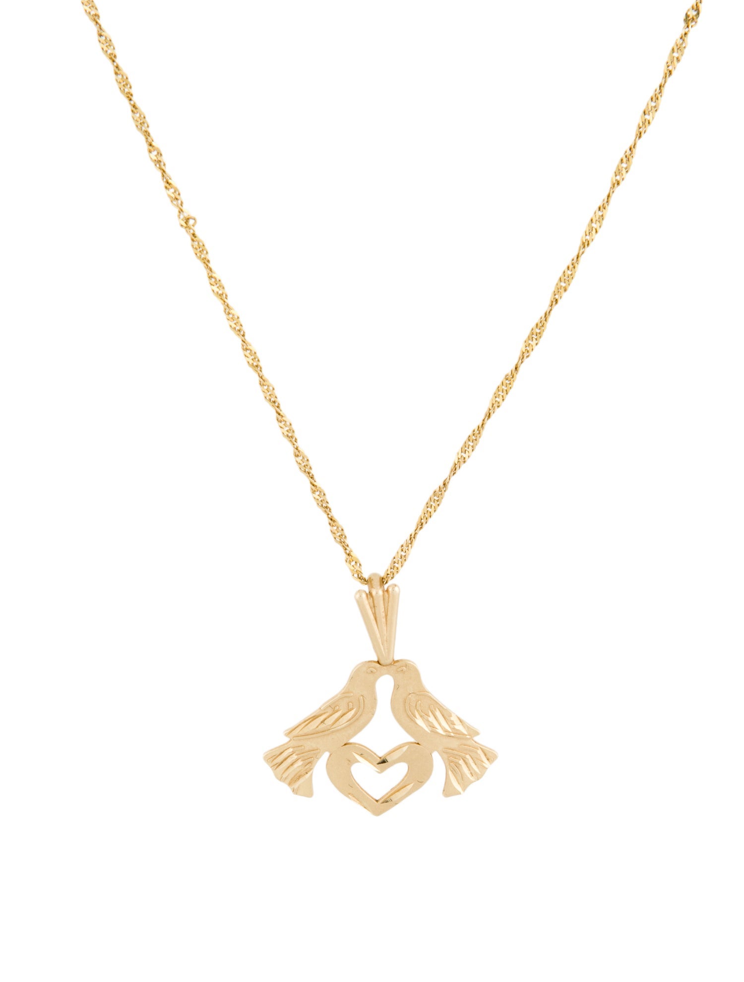 14k Gold Heart Necklace - Two Tone Love Birds Gold Heart Pendant - Solid Chain - LE1498