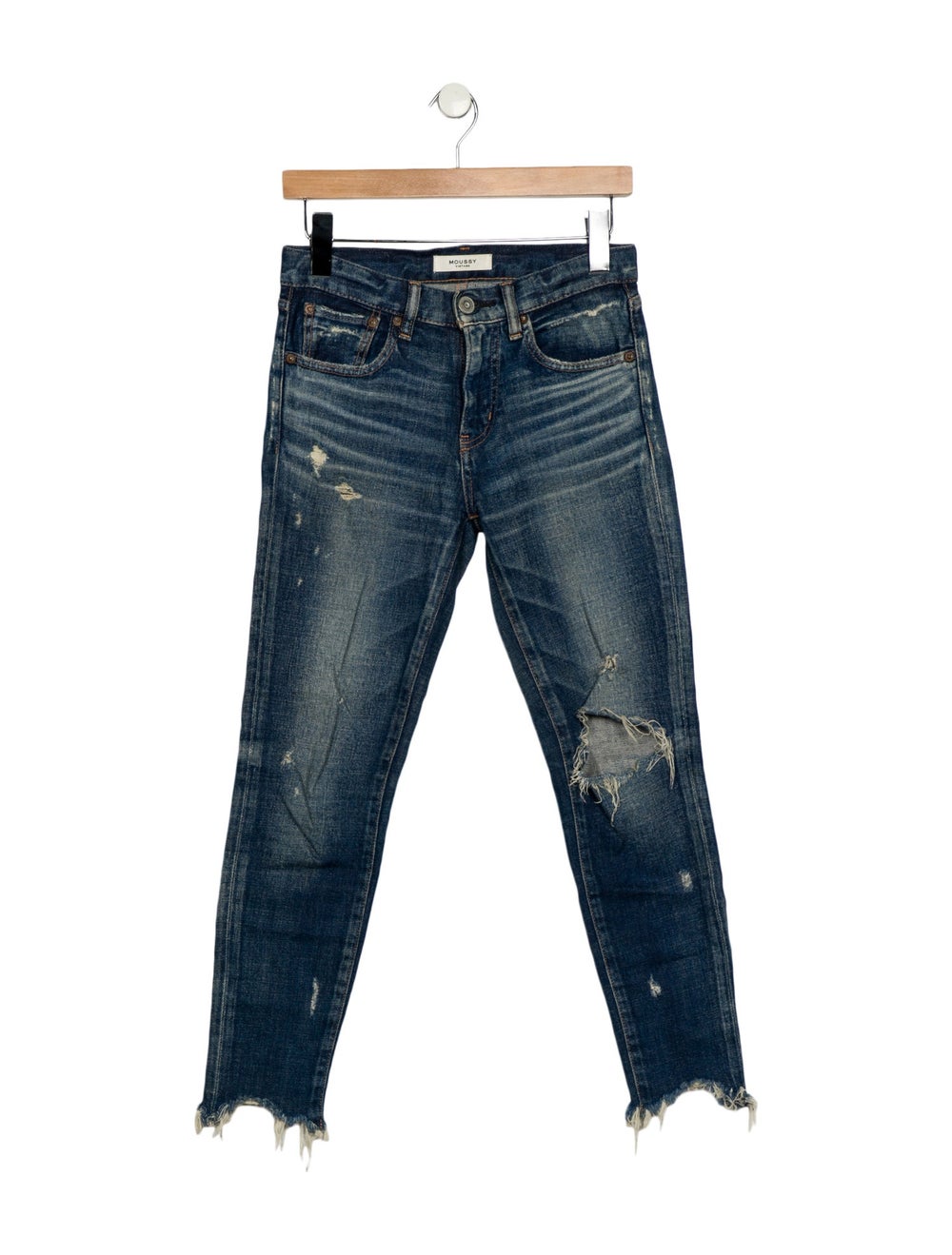 Moussy Vintage Skinny Leg Jeans Blue Medium Wash with High-Rise Cropped & 5 Pockets Raw-Edge & Distressed Accents