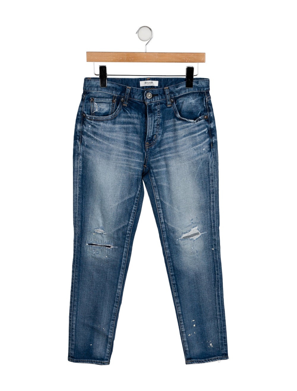 Moussy Vintage Skinny Leg Jeans Blue Printed Light Wash with Mid-Rise 5 Pockets Raw-Edge & Distressed Accents