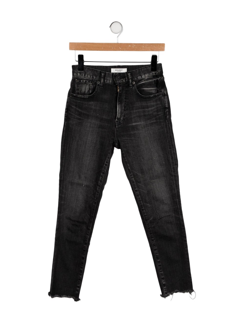 Moussy Vintage Skinny Leg Jeans Black Mid-Rise Cropped Fringe Trim Accent