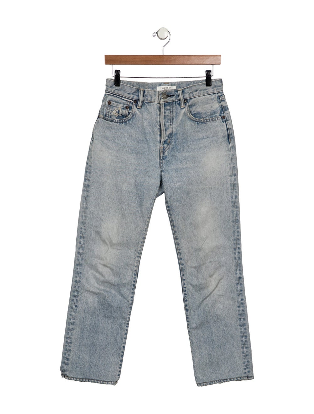 Moussy Vintage Straight Leg Jeans Blue Light Wash with Mid-Rise Cropped & 5 Pockets Raw-Edge & Distressed Accents