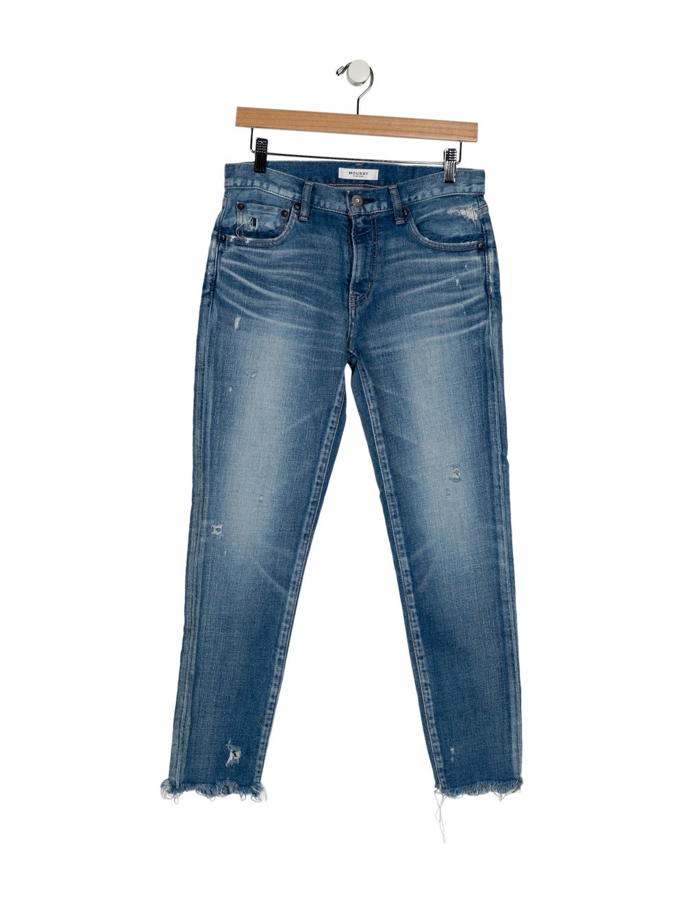 Moussy Vintage Skinny Leg Jeans Blue Medium Wash with Mid-Rise 5 Pockets Distressed Accents