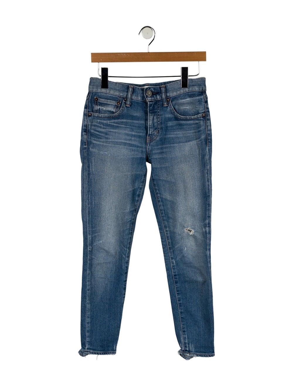 Moussy Vintage Skinny Leg Jeans Blue Medium Wash with Mid-Rise 5 Pockets Fringe & Distressed Accents