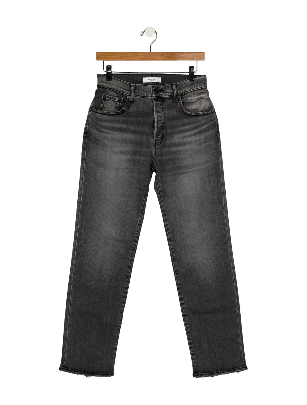Moussy Vintage Straight Leg Jeans Grey Mid-Rise 5 Pockets Raw-Edge & Distressed Accents