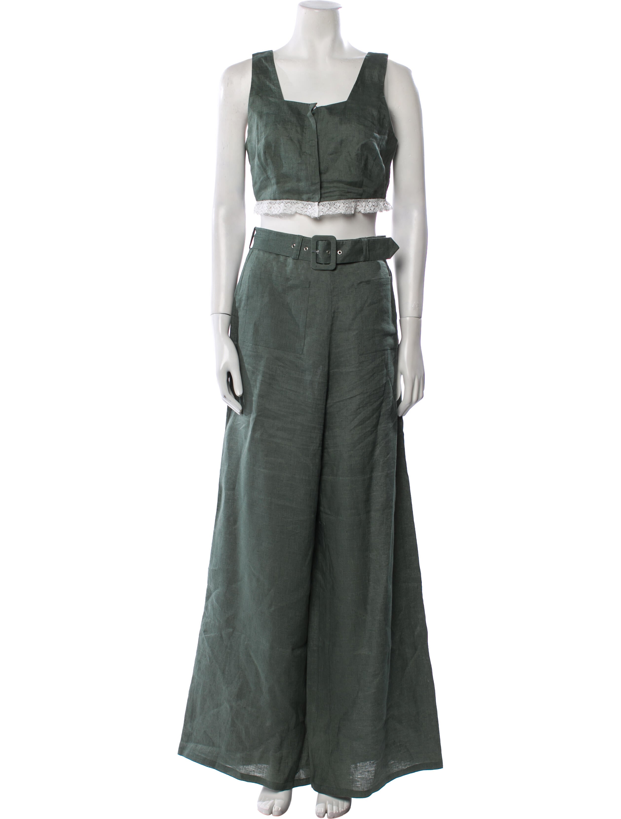 Miguelina Linen Lace Trim Embellishment Pant Set