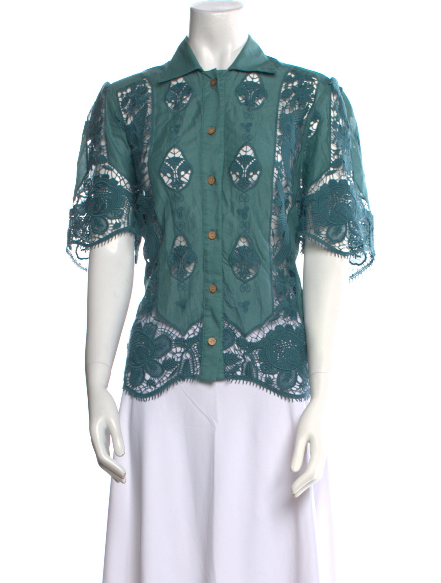 Miguelina Lace Pattern Short Sleeve Button-Up Top