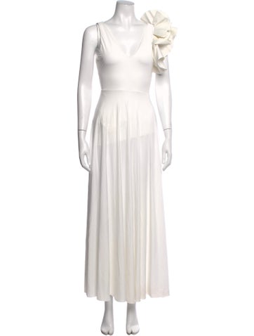 Pre-owned Maygel Coronel V-neck Long Dress In White