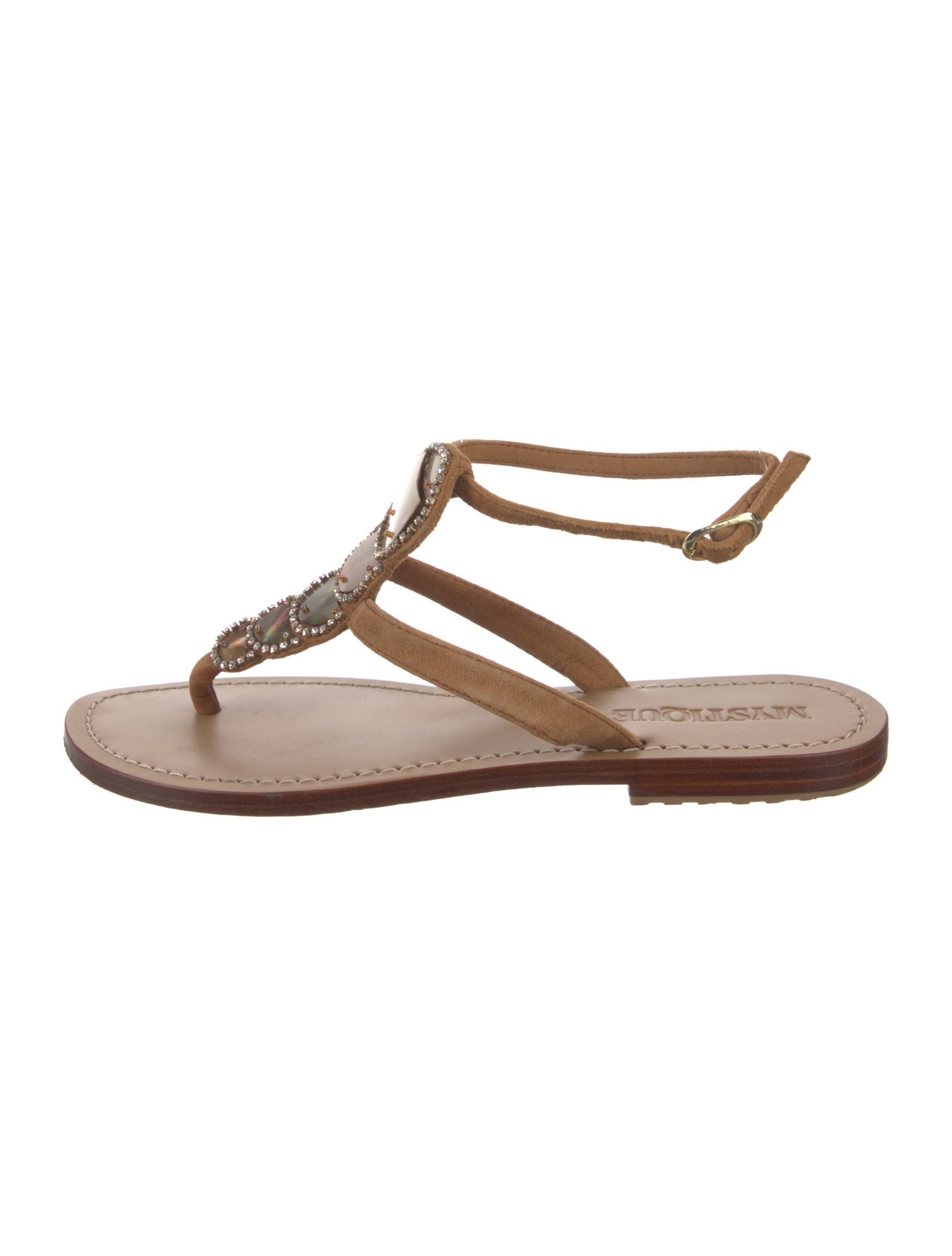 Mystique Suede Crystal Embellishments T-Strap Sandals