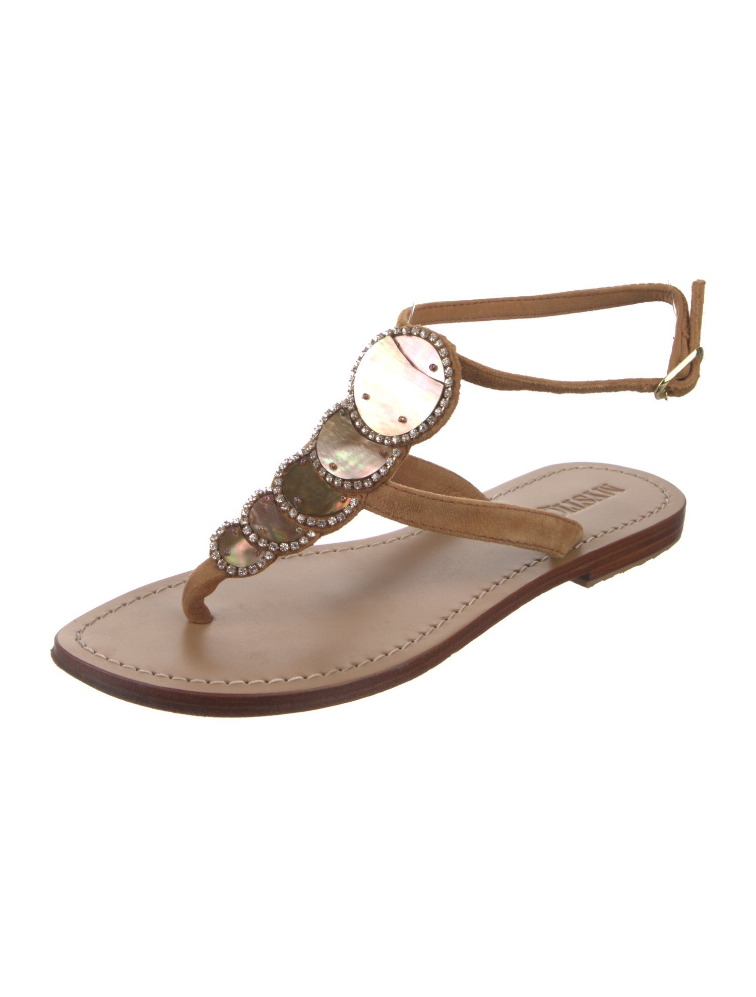 Mystique Suede Crystal Embellishments T-Strap Sandals