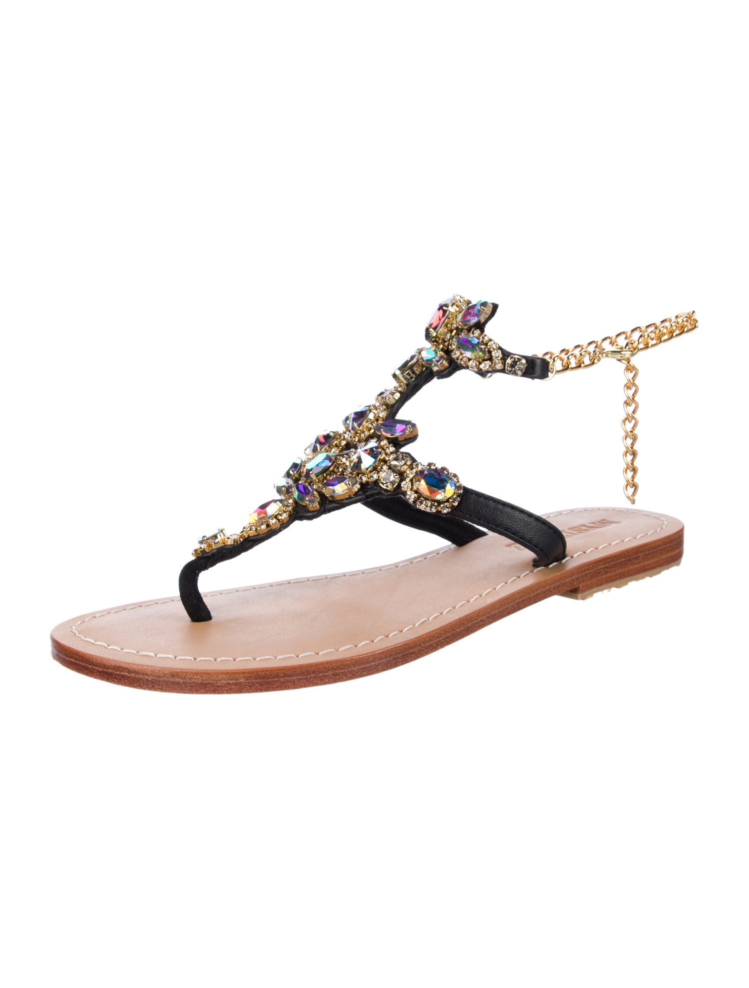 Mystique Leather Crystal Embellishments T-Strap Sandals