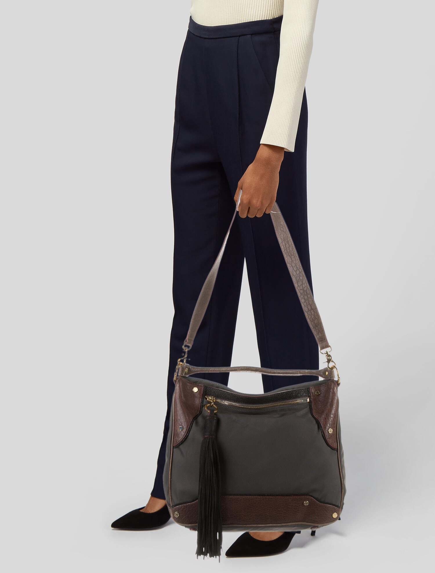 MZ Wallace Nylon Leather Trimmed Shoulder Bag Brown Shoulder Bags