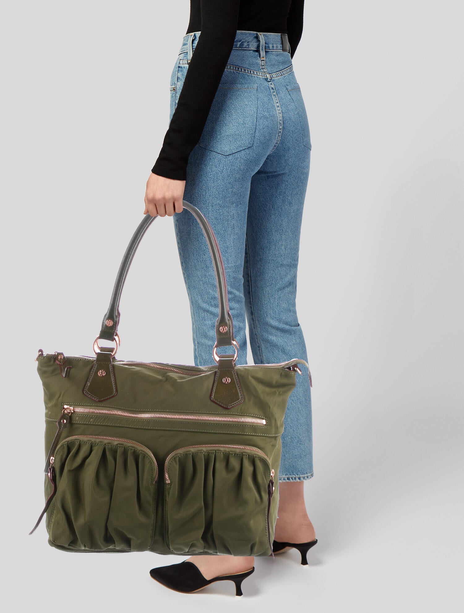 MZ Wallace Leather Trim Nylon Shoulder Bag Green Shoulder Bags