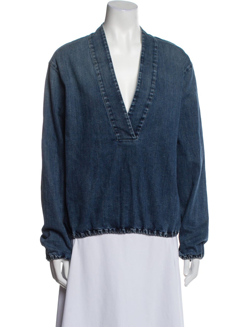 Nili Lotan Blouse Blue Distressed Accents Long Sleeve with Plunge Neckline